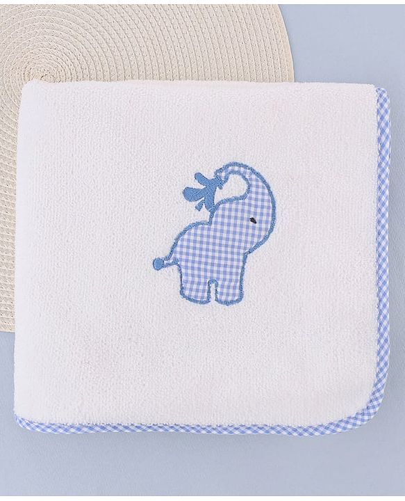 Babyhug Terry Cotton Knit Elephant Embroidered Towel  L 102 x B 51 cm - White