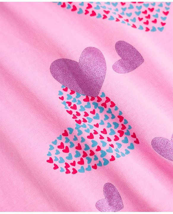 Pine Kids Cotton Knit Half Sleeves Hearts Printed Top & Pyjama Night Suit - Pink