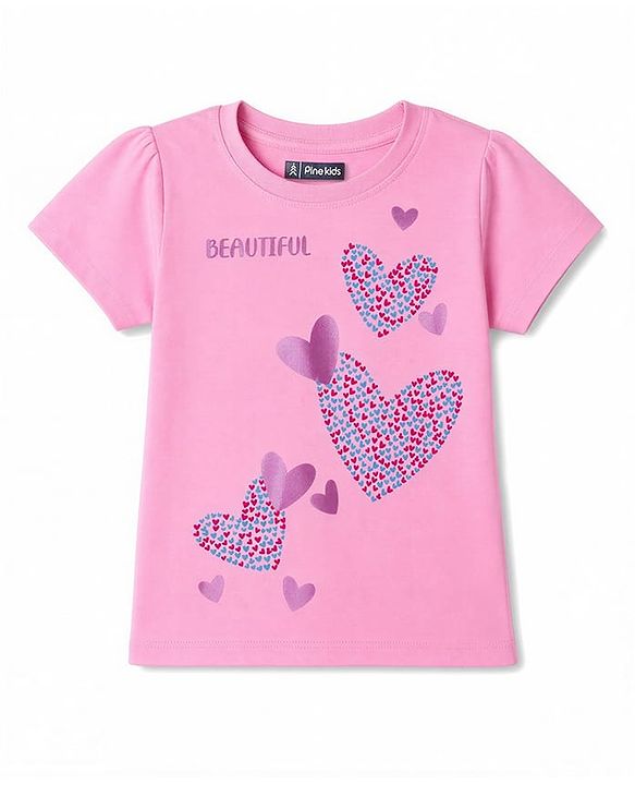 Pine Kids Cotton Knit Half Sleeves Hearts Printed Top & Pyjama Night Suit - Pink