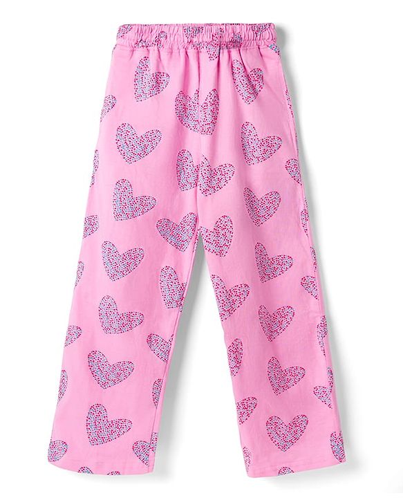Pine Kids Cotton Knit Half Sleeves Hearts Printed Top & Pyjama Night Suit - Pink