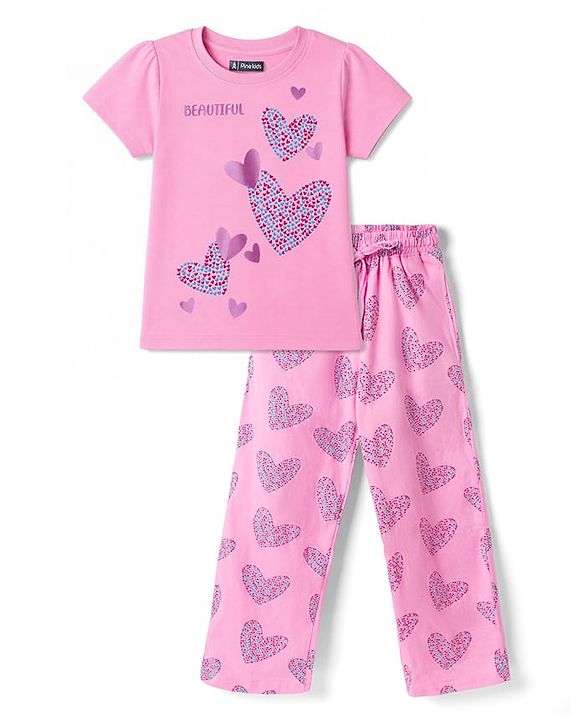 Pine Kids Cotton Knit Half Sleeves Hearts Printed Top & Pyjama Night Suit - Pink