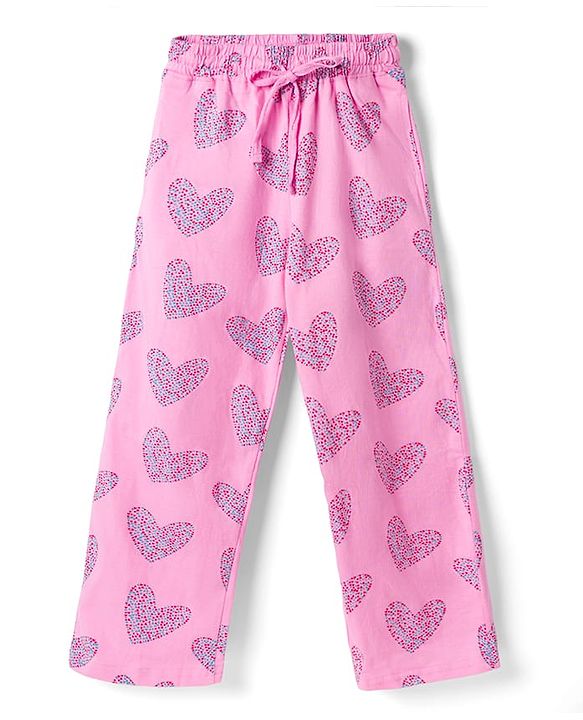 Pine Kids Cotton Knit Half Sleeves Hearts Printed Top & Pyjama Night Suit - Pink