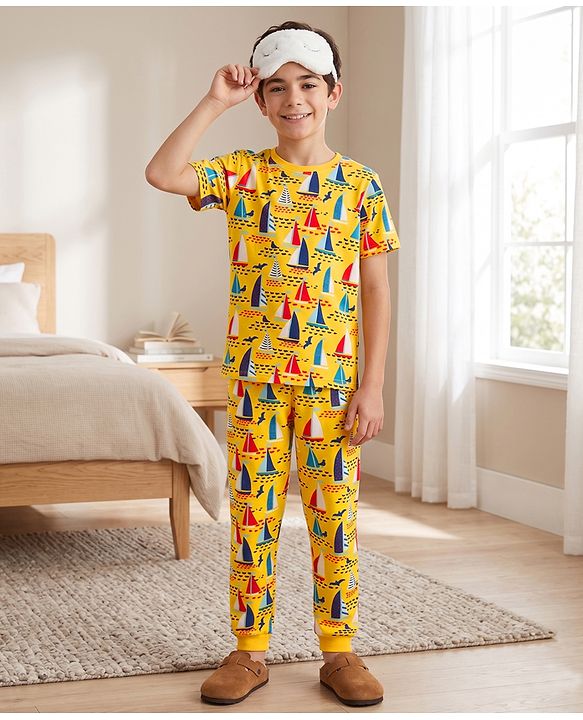 Pine Kids Cotton Knit Full Sleeves T-Shirt & Pyjama Co-Ord Night Suit With Boat Print - Yellow