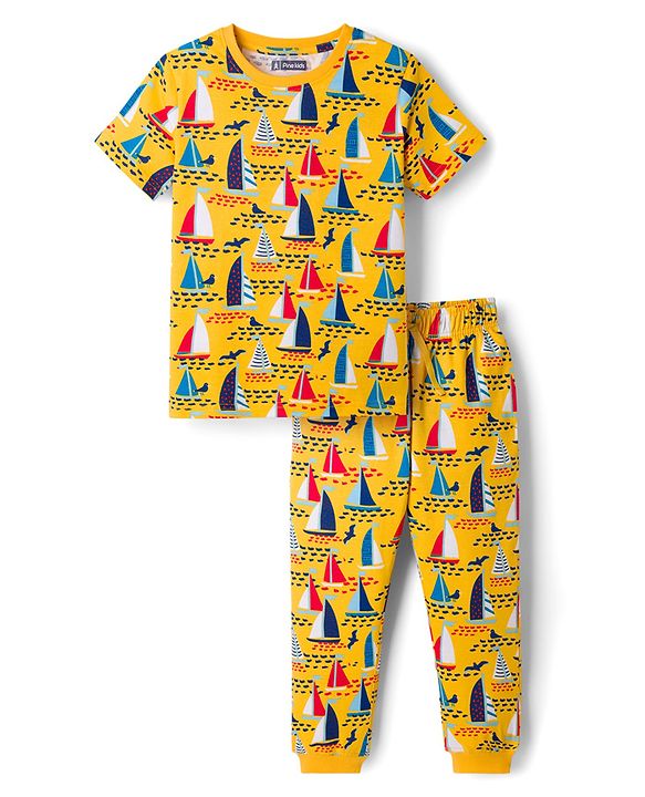 Pine Kids Cotton Knit Full Sleeves T-Shirt & Pyjama Co-Ord Night Suit With Boat Print - Yellow