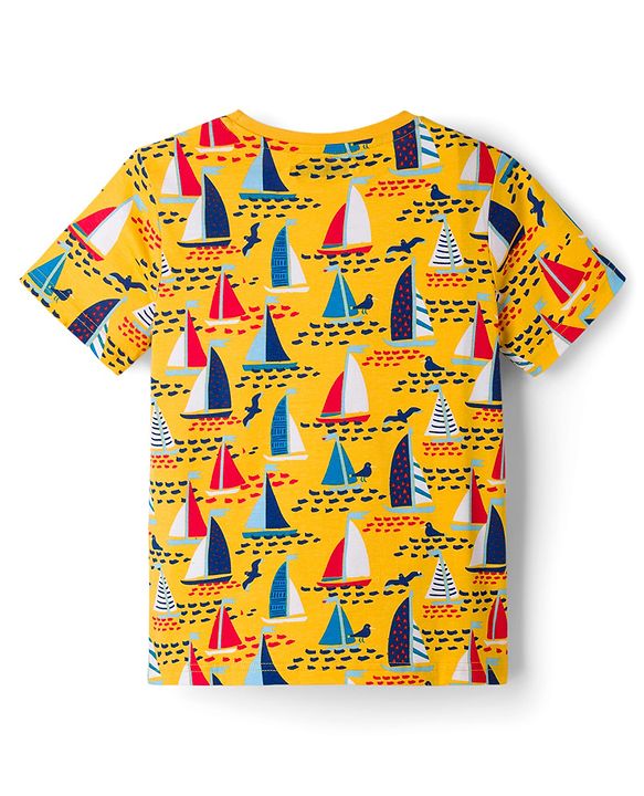 Pine Kids Cotton Knit Full Sleeves T-Shirt & Pyjama Co-Ord Night Suit With Boat Print - Yellow