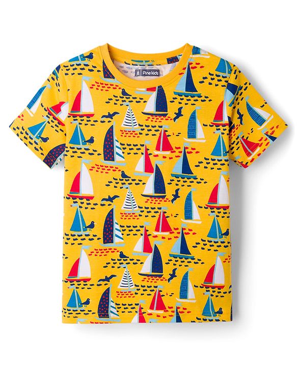 Pine Kids Cotton Knit Full Sleeves T-Shirt & Pyjama Co-Ord Night Suit With Boat Print - Yellow