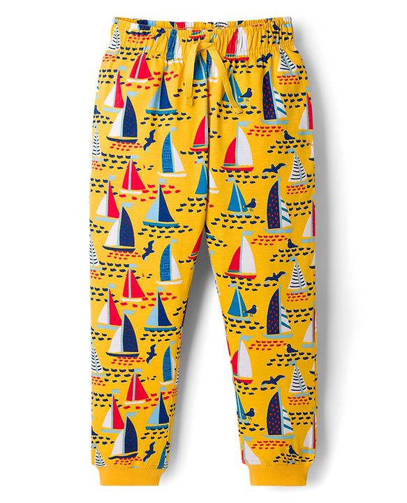 Pine Kids Cotton Knit Full Sleeves T-Shirt & Pyjama Co-Ord Night Suit With Boat Print - Yellow