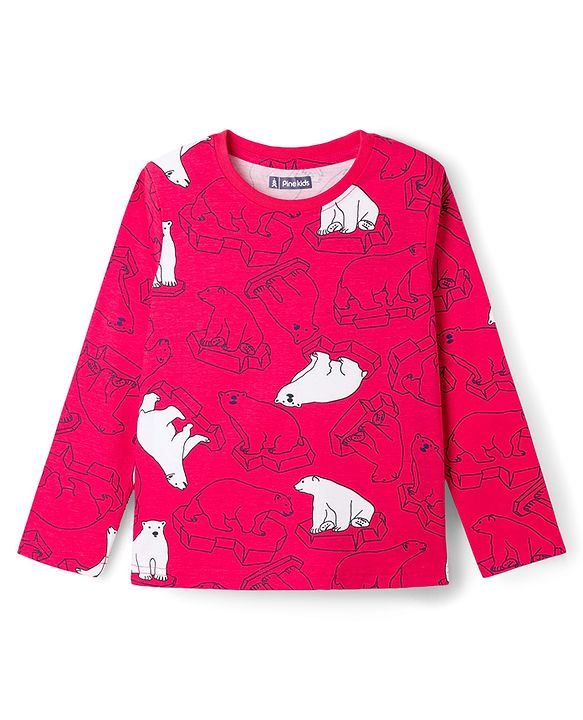 Pine Kids Cotton Knit Full Sleeves T-Shirt & Pyjama Co-Ord Night Suit With Bear Print - Red
