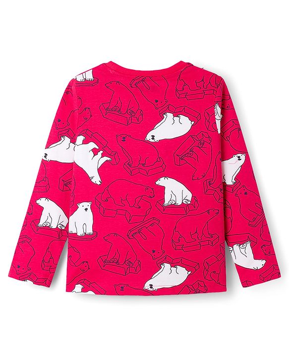 Pine Kids Cotton Knit Full Sleeves T-Shirt & Pyjama Co-Ord Night Suit With Bear Print - Red
