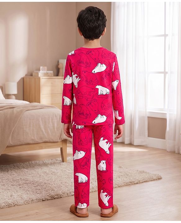 Pine Kids Cotton Knit Full Sleeves T-Shirt & Pyjama Co-Ord Night Suit With Bear Print - Red