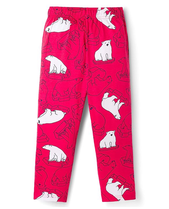 Pine Kids Cotton Knit Full Sleeves T-Shirt & Pyjama Co-Ord Night Suit With Bear Print - Red