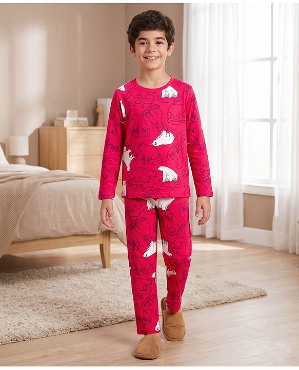 Pine Kids Cotton Knit Full Sleeves T-Shirt & Pyjama Co-Ord Night Suit With Bear Print - Red