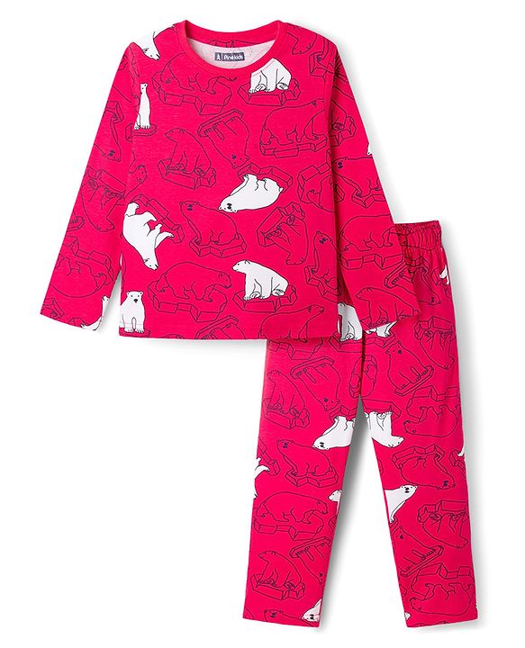 Pine Kids Cotton Knit Full Sleeves T-Shirt & Pyjama Co-Ord Night Suit With Bear Print - Red