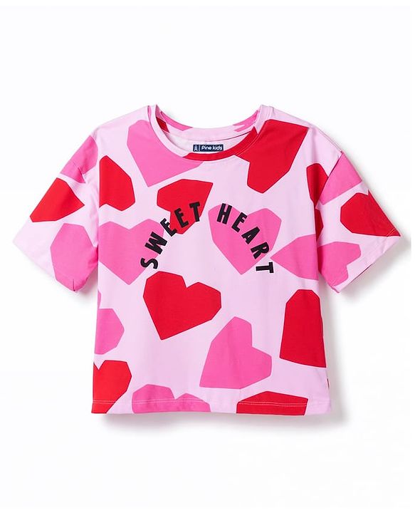 Pine Kids Cotton Knit Full Sleeves Co-Ords T-Shirt & Pajama Night Suit with Heart & Text Print- Pink