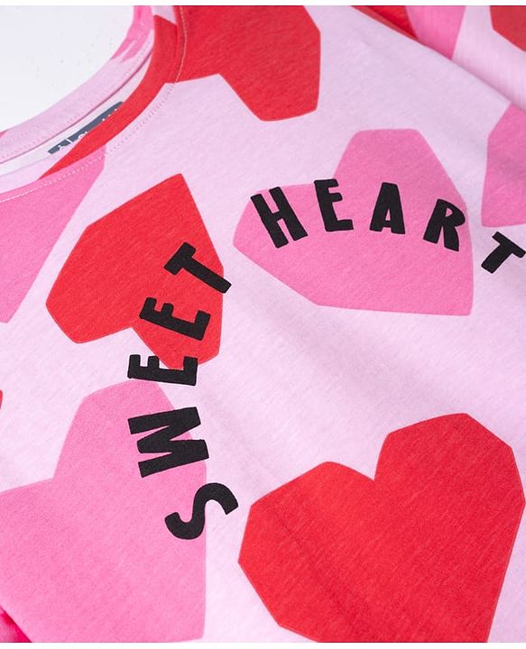 Pine Kids Cotton Knit Full Sleeves Co-Ords T-Shirt & Pajama Night Suit with Heart & Text Print- Pink