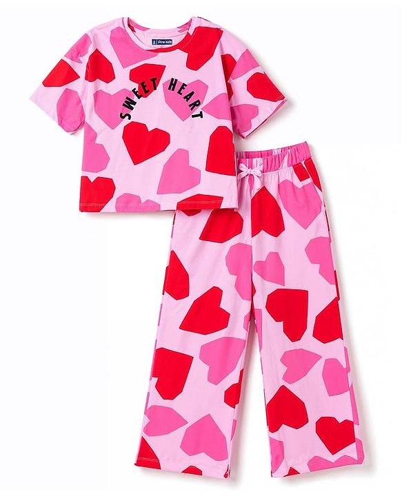 Pine Kids Cotton Knit Full Sleeves Co-Ords T-Shirt & Pajama Night Suit with Heart & Text Print- Pink