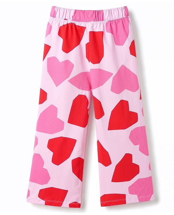 Pine Kids Cotton Knit Full Sleeves Co-Ords T-Shirt & Pajama Night Suit with Heart & Text Print- Pink