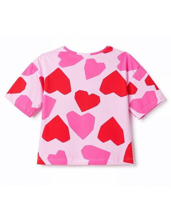 Pine Kids Cotton Knit Full Sleeves Co-Ords T-Shirt & Pajama Night Suit with Heart & Text Print- Pink