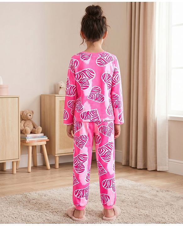 Pine Kids Cotton Knit Full Sleeves Co-Ords T-Shirt & Pyjama Night Suit With Heart Print - Pink