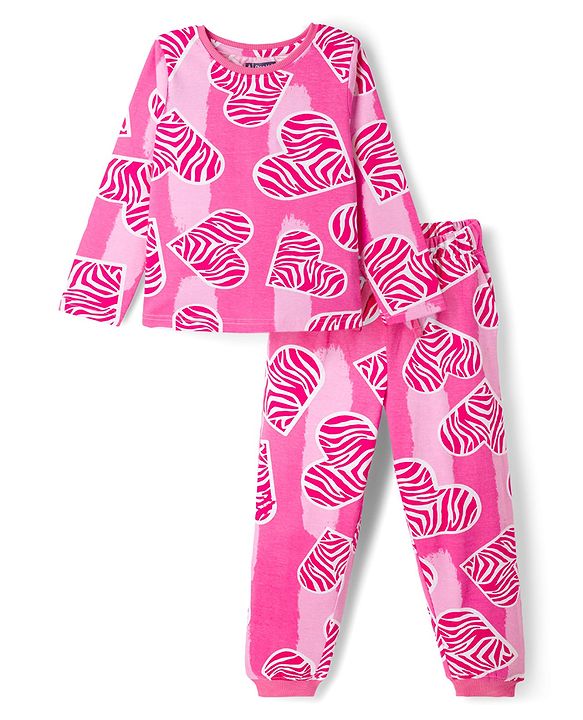 Pine Kids Cotton Knit Full Sleeves Co-Ords T-Shirt & Pyjama Night Suit With Heart Print - Pink