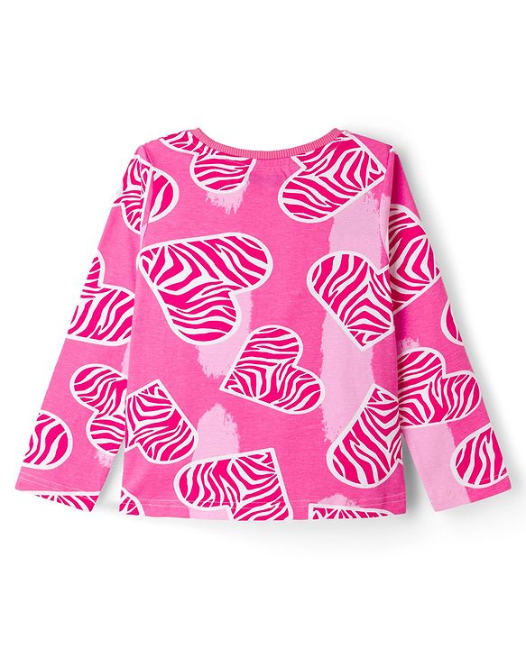 Pine Kids Cotton Knit Full Sleeves Co-Ords T-Shirt & Pyjama Night Suit With Heart Print - Pink
