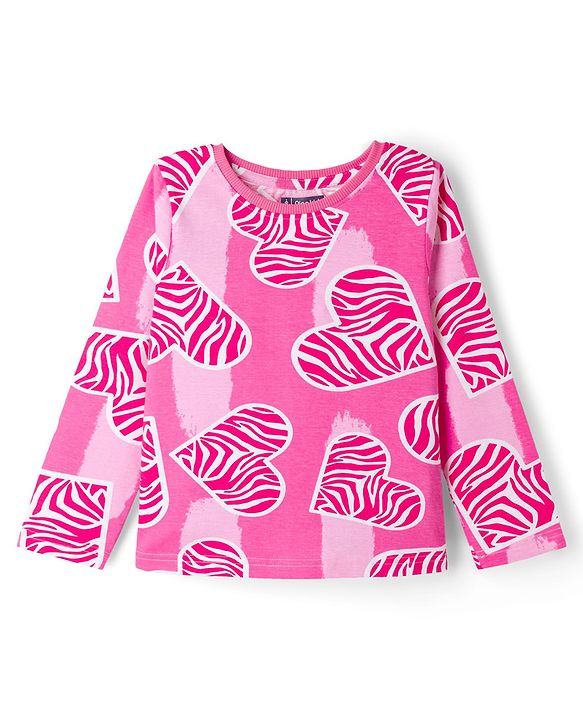 Pine Kids Cotton Knit Full Sleeves Co-Ords T-Shirt & Pyjama Night Suit With Heart Print - Pink