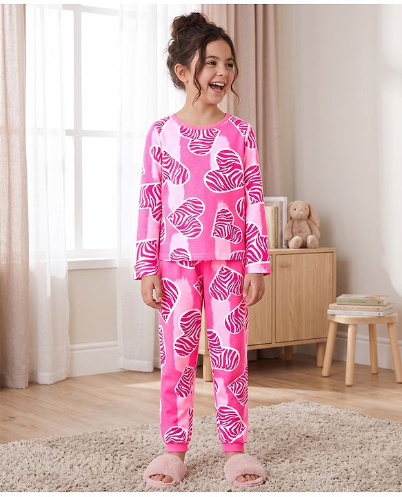 Pine Kids Cotton Knit Full Sleeves Co-Ords T-Shirt & Pyjama Night Suit With Heart Print - Pink