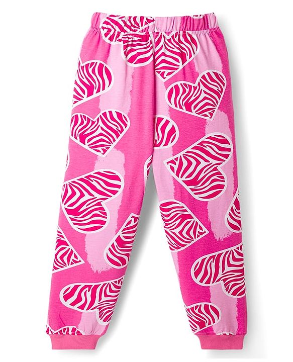 Pine Kids Cotton Knit Full Sleeves Co-Ords T-Shirt & Pyjama Night Suit With Heart Print - Pink