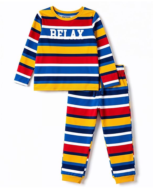 Pine Kids Cotton Knit Full Sleeves Striped Co-Ords T-Shirt & Pajama Night Suit with Text Print- Yellow