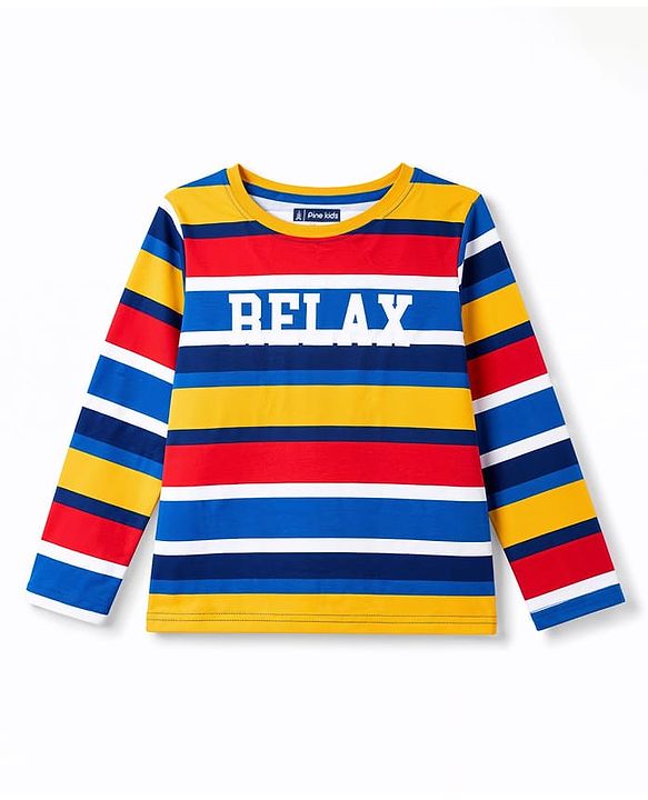 Pine Kids Cotton Knit Full Sleeves Striped Co-Ords T-Shirt & Pajama Night Suit with Text Print- Yellow