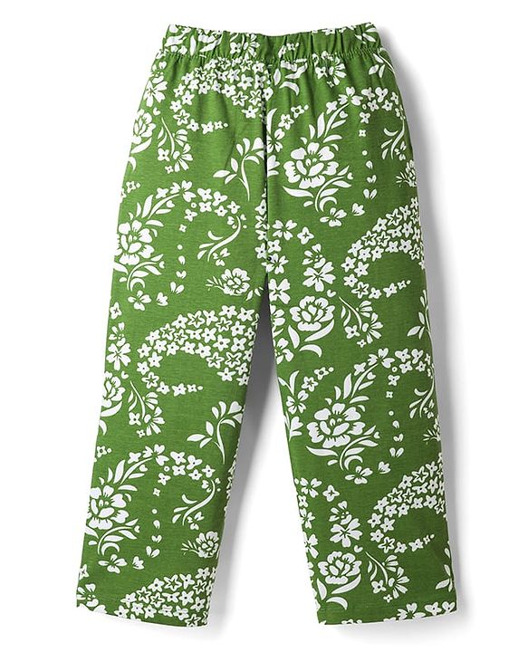 Pine Kids 100% Cotton Knit Full Sleeves Floral Printed Co-Ords T-Shirt & Pyjama Night Suit - Green