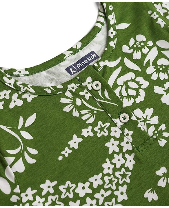 Pine Kids 100% Cotton Knit Full Sleeves Floral Printed Co-Ords T-Shirt & Pyjama Night Suit - Green