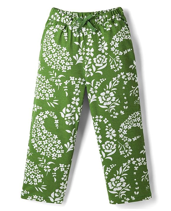 Pine Kids 100% Cotton Knit Full Sleeves Floral Printed Co-Ords T-Shirt & Pyjama Night Suit - Green