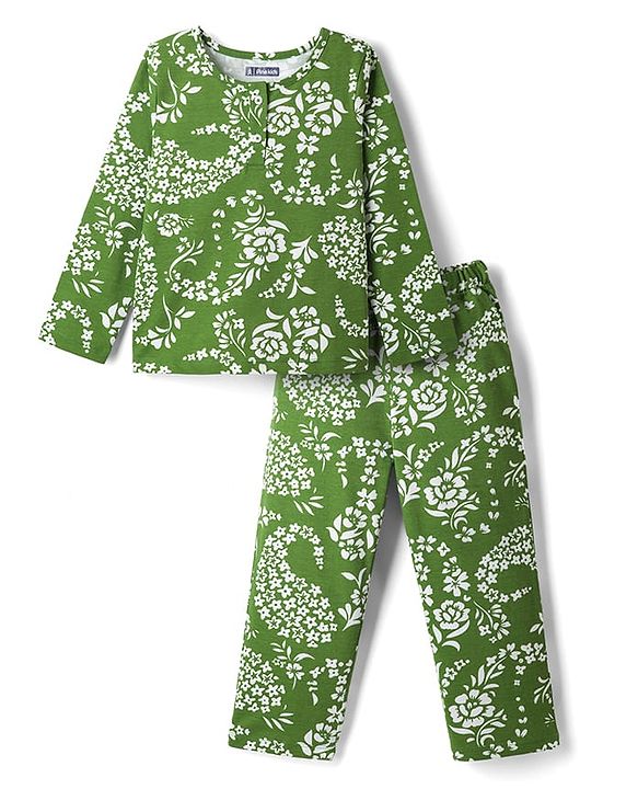 Pine Kids 100% Cotton Knit Full Sleeves Floral Printed Co-Ords T-Shirt & Pyjama Night Suit - Green
