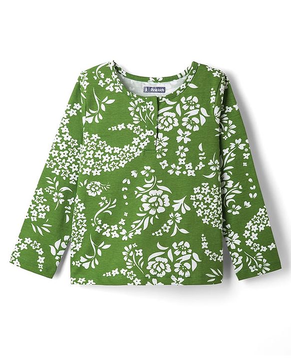 Pine Kids 100% Cotton Knit Full Sleeves Floral Printed Co-Ords T-Shirt & Pyjama Night Suit - Green