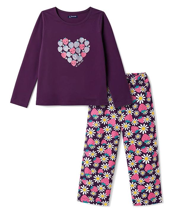 Pine Kids Cotton Knit Full Sleeves Heart & Floral Printed T-Shirt & Pajama Night Suit - Purple