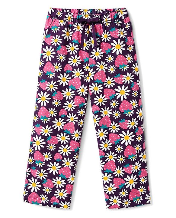 Pine Kids Cotton Knit Full Sleeves Heart & Floral Printed T-Shirt & Pajama Night Suit - Purple