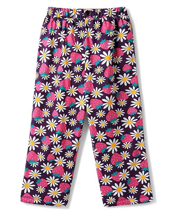 Pine Kids Cotton Knit Full Sleeves Heart & Floral Printed T-Shirt & Pajama Night Suit - Purple