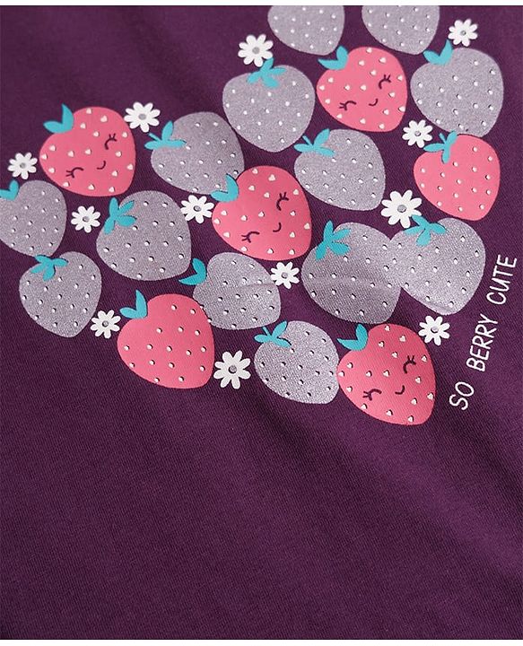 Pine Kids Cotton Knit Full Sleeves Heart & Floral Printed T-Shirt & Pajama Night Suit - Purple