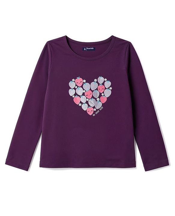Pine Kids Cotton Knit Full Sleeves Heart & Floral Printed T-Shirt & Pajama Night Suit - Purple