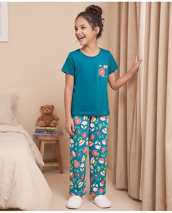 Pine Kids 100% Cotton Knit Half Sleeves Floral Printed T-Shirt & Pyjama Night Suit - Dark Green