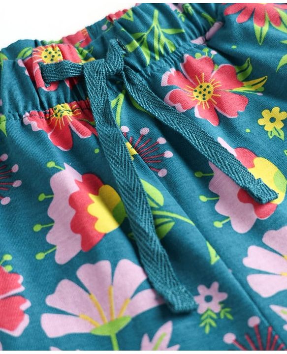 Pine Kids 100% Cotton Knit Half Sleeves Floral Printed T-Shirt & Pyjama Night Suit - Dark Green