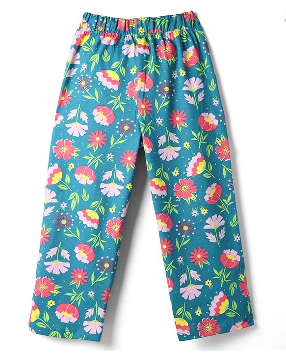 Pine Kids 100% Cotton Knit Half Sleeves Floral Printed T-Shirt & Pyjama Night Suit - Dark Green