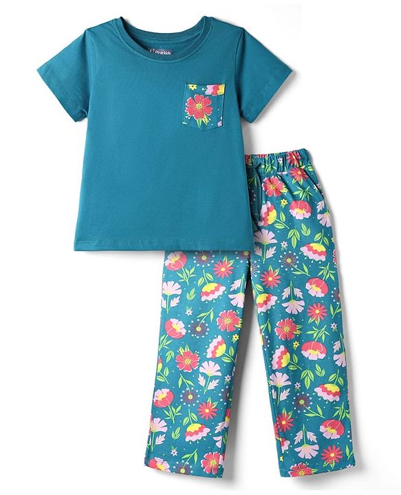 Pine Kids 100% Cotton Knit Half Sleeves Floral Printed T-Shirt & Pyjama Night Suit - Dark Green