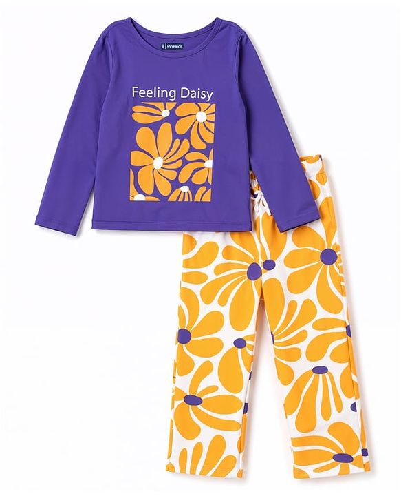 Pine Kids Cotton Knit Full Sleeves Floral Printed T-Shirt & Pajama Night Suit - Blue