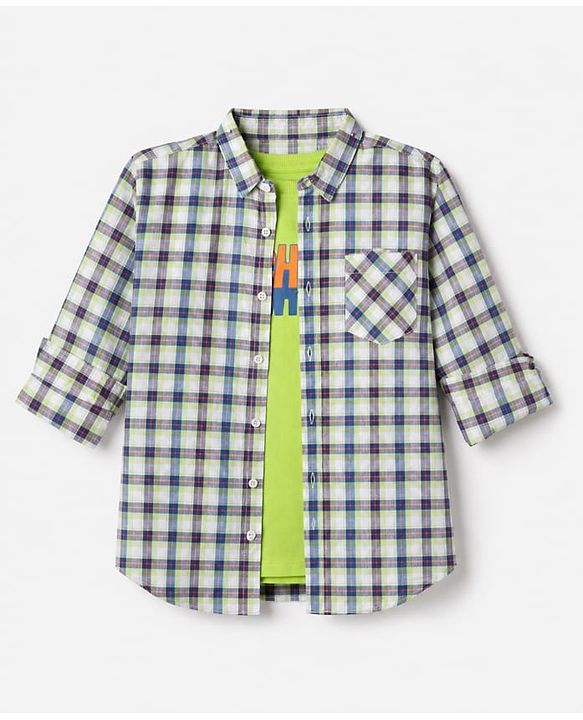 Pine Kids 100% Cotton Woven Full Sleeves Checks Shirts and T-Shirt With High Five Print - Green