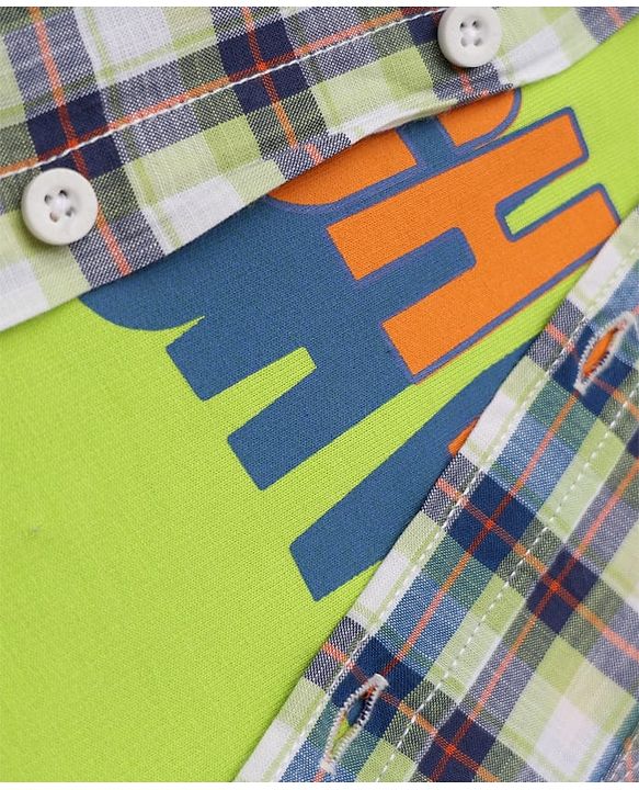 Pine Kids 100% Cotton Woven Full Sleeves Checks Shirts and T-Shirt With High Five Print - Green