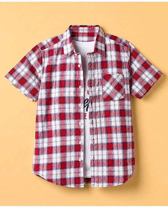 Pine Kids 100% Cotton Woven Half Sleeves Shirt and Tank Top Set with Best Together Text Print - Red