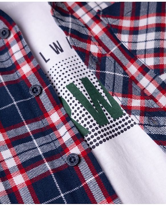 Pine Kids 100% Cotton Woven Full Sleeves Checks Shirts and T-Shirt With Always Foward Text Print - Red