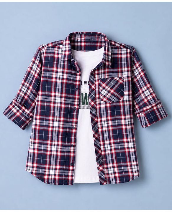 Pine Kids 100% Cotton Woven Full Sleeves Checks Shirts and T-Shirt With Always Foward Text Print - Red
